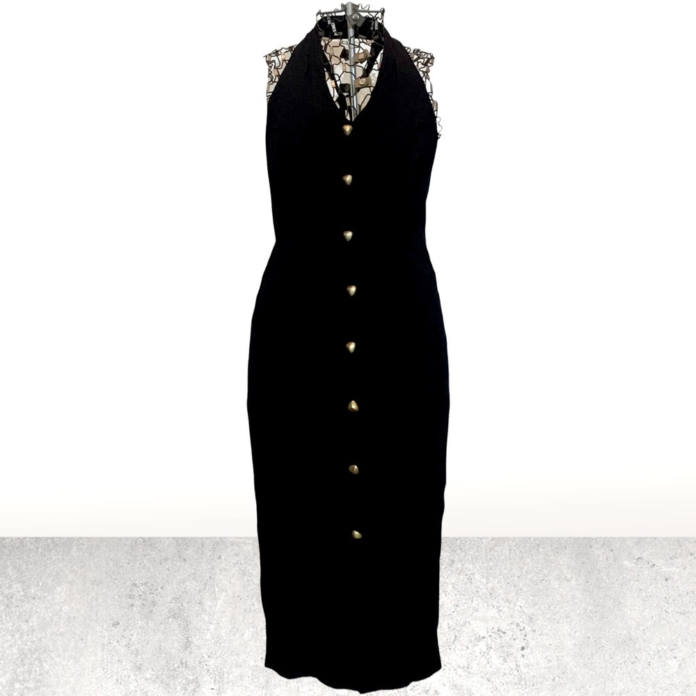 Black Vintage Halter Triangle Brass Button Dress
